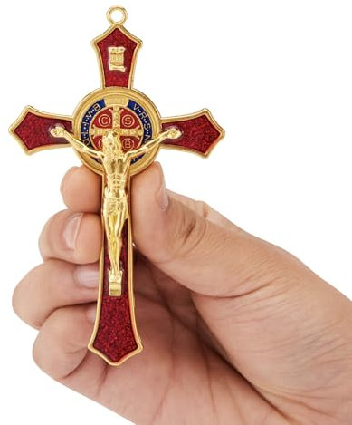 Heiliger Benedikt-Kruzifix, rot, Wandkreuz für katholische Dekoration, hängendes Kreuz, Wanddekoration, Medaille, Gebet, Heimdekoration