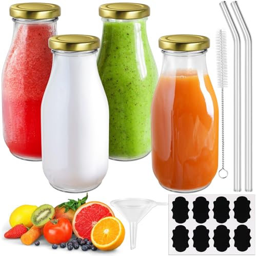 Mispudin 4 Pièces 330ml Bouteille en Verre avec Couvercles, Petite Bouteille Pour Huiles Essentielles, Jus, Yaourt, Ginger Shot