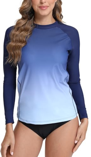 SURFEASY Damen Rash Guard Langarm Sonnenschutz Schnelltrocknend Badeshirt Surf Shirt Schwimmen Bademode(Navy Farbverlauf,M)