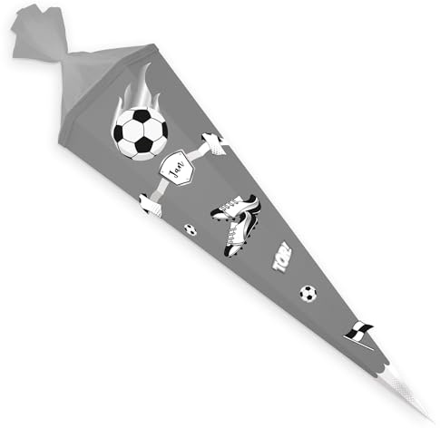 itenga Bastelschultüte Schultüte Bastelset EASY Fussball - Schultütenrohling 85cm mit Dekoset Fussball- Zuckertüte eckig (schwarz weiss - Tüte grau)