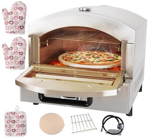 forplubossmmp Forno Elettrico per Pizza, Forno per Pizza All'aperto con Pietra per Pizza da 12 Pollici, Pizzaiolo in Acciaio Inossidabile - con Guanti, Tappetino, Pietra per Pizza, Ripiano, Tubo