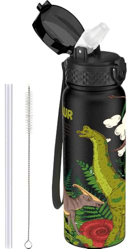 GOPPUS 600ml/20oz Stainless Water Bottle with Straw Double Wall Insulated Bottles with Strap Reusable Vacuum Thermal Flask Leakproof Keep Cold Drinks Bottles with Flip Top Lid for Men Women BPA Free