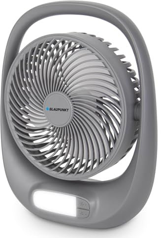 Blaupunkt APF301 Tragbarer Ventilator | Akkubetrieben, Aufladen über USB | 3 Lüftergeschwindigkeitseinstellungen | 180 Grad Neigungsverstellung | LED-Lampe mit zwei Helligkeitsstufen | Grau