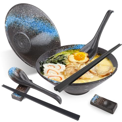 Lot de 2 Bols à Ramen en Céramique avec Cuillère Et Baguettes - Japonaise Aux Nouilles Ramen Bols pour Ramen, Salade, Céréales, Ramenbowl, Grand Bol à Soupe 600 ML