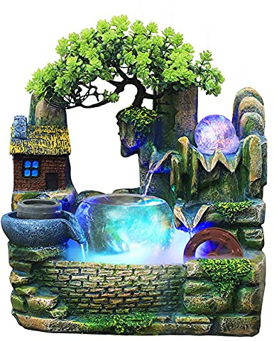 Fontana da tavolo con illuminazione LED, cascata, fontana da tavolo con nebbia, giardino roccioso, fontana da interno con pianta verde, per casa, camera da letto, scrivania, decorazione 24x24x21cm