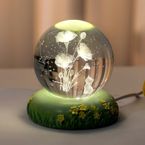 Blumen Nachtlicht 80mm Glaskugel Nachtlicht mit LED Halterung 3D Nelke Kristallkugellampe USB Aufladung Blume Nachtlampe Schlafzimmer Schlafen Tischlampe für Zuhause Tischdekorationen