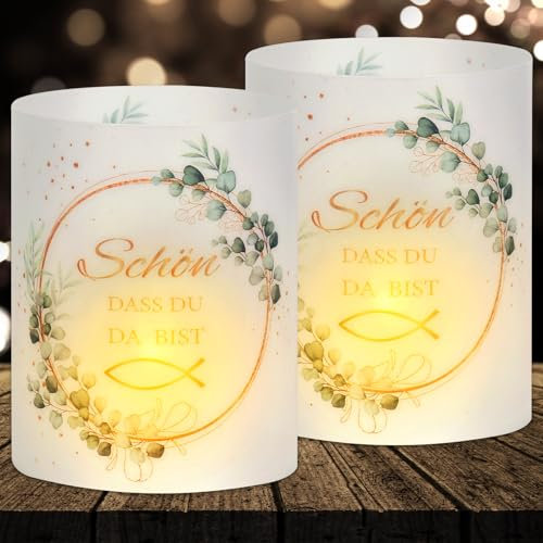 16 Windlicht Tischdeko, Deko Kommunion Konfirmation Taufe Firmung, Erstkommunion Deko Mädchen, Taufdeko Junge, Kommunion Gastgeschenke, Schön DASS Du Da Bist, Geeignet für Teelichter oder Kerzen