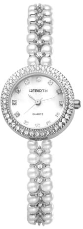 Silverora Uhren Damen Perlen Damenuhren: 3ATM Wasserdicht Klein Analoge Quarzuhren glänzend Volldiamant Armbanduhren mit Abnehmbares Schmal Perlenarmband Geschenke für Frauen Silber