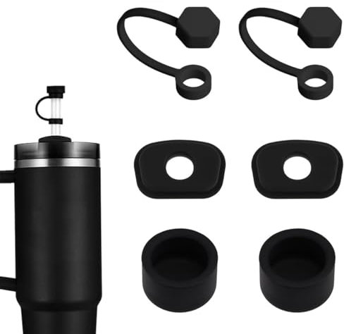 6 Stück Silikon Stopfen Set für Stanley Cup H2.0 40oz, Stanley Cup Zubehör Auslaufsicherer Silikonstopfen Strohhalm Abdeckung Quadratischer Auslaufstopfen, Runder Auslaufstopfen (Schwarz)