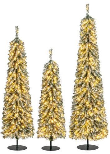 COSTWAY Artificial Christmas Tree Set of 3, Snowy Xmas Tree with PVC Branch Tips and Warm White LED Lights, Pre-Lit Slim Pencil Xmas Decoration Tree (4FT+5FT+6FT)