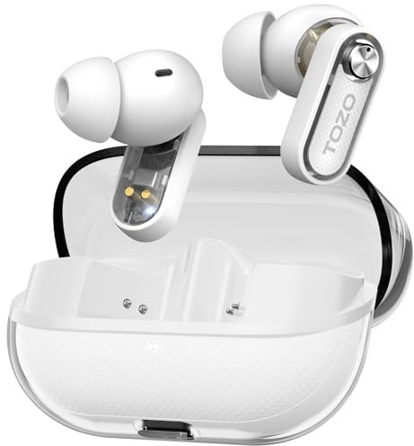 TOZO Crystal Pods Auriculares Inalámbricos Bluetooth 5.4 con Híbrida ANC Llamadas IA ENC ORIGX 2.0 Acústico EQs Ajuste 35H Reproducción Gaming Modo Carga Rápida USB Tipo C IPX5 Blanco