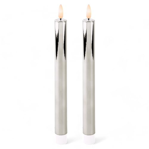 MIJOMA LED-Echtwachskerze mit realistischer Flamme, Timer und batteriebetrieb | Indoor LED-Kerze mit warmweißem Licht | Natürliche Optik (Silber - glatte Oberfläche, Ø2cm x 24cm)