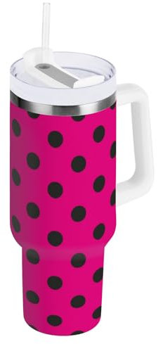 RPLIFE Hot Pink Polka Dots Tumbler with Handle Stainless Steel Tumbler, Cups with Lids