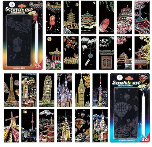 Xvbhaq 24 Blätter Kratzbilder für Kinder, Weltberühmte Stadt Nacht Szene Kratzpapier, DIY Kinder Kratzkunst Set, Jugend Chinesisches Silvester Licht Kunst Kratzbrett