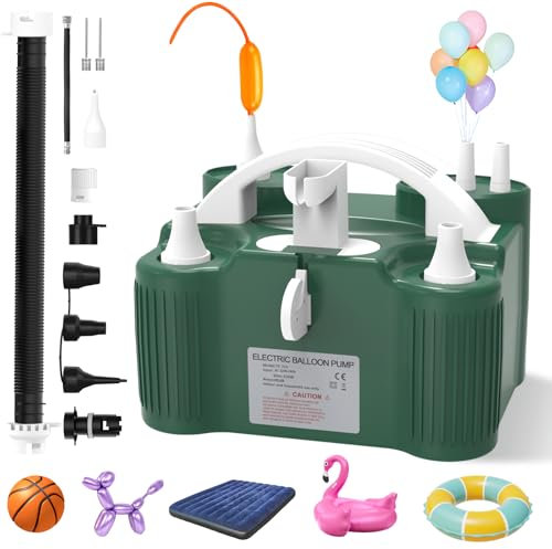 PlusFive 4-in-1 Elektrische Luftpumpe, Multifunktions Ballonpumpe Elektrisch mit Dual-Motor &10 Luftdüsen für Aufblasung/Entlüftung von Modellierballons & Sportbälle & Poolschwimmer & Luftmatratzen