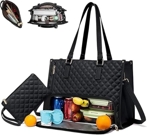 HoldOneLight Lunch 2 in 1 Tote Bag für Frauen, 15,6-Zoll-Laptop-Tasche mit isoliertem Lunch-Fach, gesteppte große Kapazität Computer Handtasche mit Geldbeutel (Black)