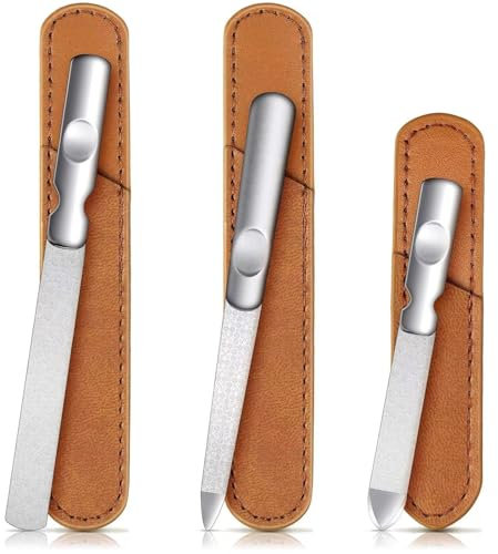 Lot de 3 limes à ongles double face en acier inoxydable avec poignée antidérapante et pochette en cuir naturel pour manucure, pédicure, coupe, pointe de nettoyage pour femmes et hommes
