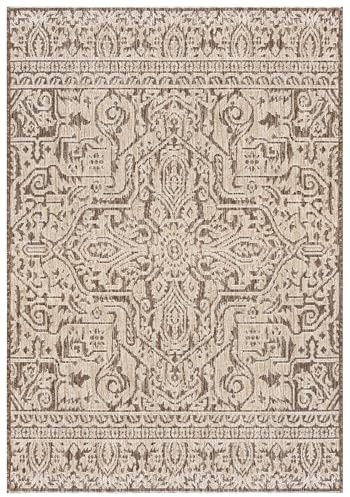 Mazovia Outdoor-Teppich Balkon 120x170cm Creme Braun Ethno Orientalisch | Balkon Teppich für Terrasse Garten Beige Wetterfest Kurzflor Pflegeleicht UV-Beständig Tierfreundlich Robust Wasserabweisend