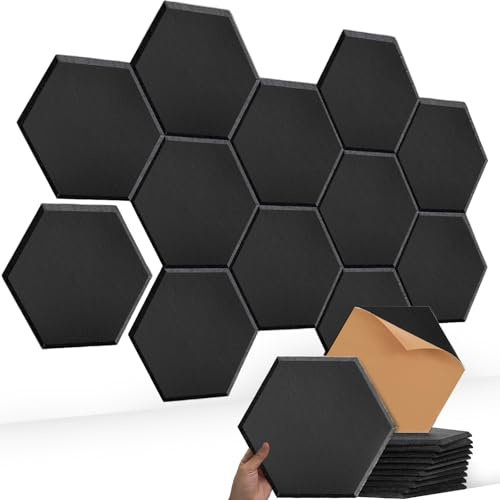 Mgood Akustikpaneele Selbstklebend 12 Stück Hexagon Akustikplatten Schallschutz Wandpaneele zur akustischen Behandlung für Studio, Wohnung, Büro und Wanddeko, Schwarz (30x26x0,9cm)