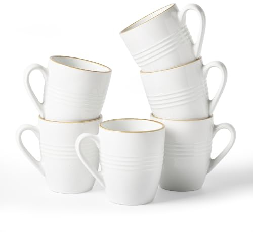 Richmount Jupiter Coffee Mugs Set of 6, 14oz/400ml Stoneware Tea Cups with Large Handle for Latte/Cappuccino/Milk/Cocoa/Tea, Microwave & Dishwasher Safe, White