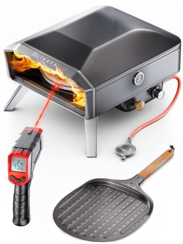 LIKAYA NeroSpin - Forno per pizza a gas, 6,2 kW, per esterni, 450 °C, con pietra per pizza, piatto girevole, pala per pizza, borsa e termometro laser, per pizza croccante in soli 90 secondi