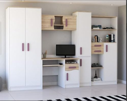 Agritrade AK Mathias 5-Piece Youth Bedroom Furniture Set, Wardrobe, Desk, Tall Bookcase, Low Storage & Wall Shelf W 300 cm x H197 cm Height (body: white/handle: violet)