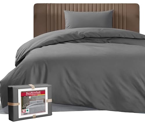 DecoHomeTextil Bettwäsche Set Bettgarnitur mit Reißverschluss Polycotton Uni Grau Anthrazit 1x Bettbezug 135 x 200 cm + 1x Kissenbezug 80 x 80 cm