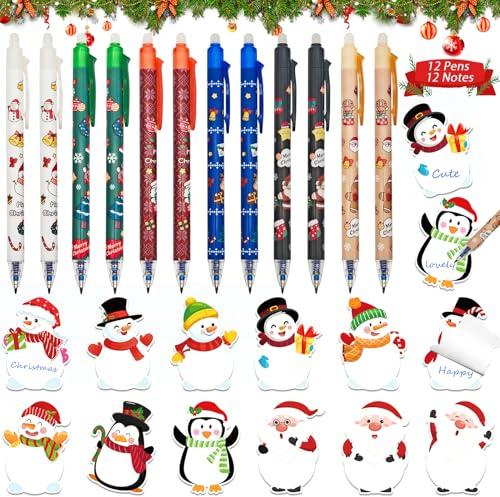Bolígrafo Navideño,Boligrafos Navidad,Bolígrafos de Tinta de Gel de Navidad | 12PCS Bolígrafos Borrables de Tinta+Bloc de Notas Adhesivas de Navidad,Detalles Navidad,para Estudiantes,Colegas,Oficina
