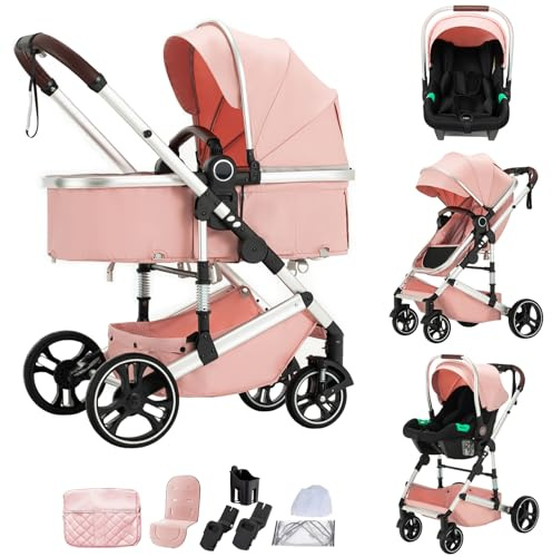 Mobayta kinderwagen 3 in 1 Kombikinderwagen für Neugeborene robustes leichtes Aluminiumgestell geeignet bis 22KG hochgestellter Kinderwagen vielseitig und praktisch Buggys (H9-PINK, H9)