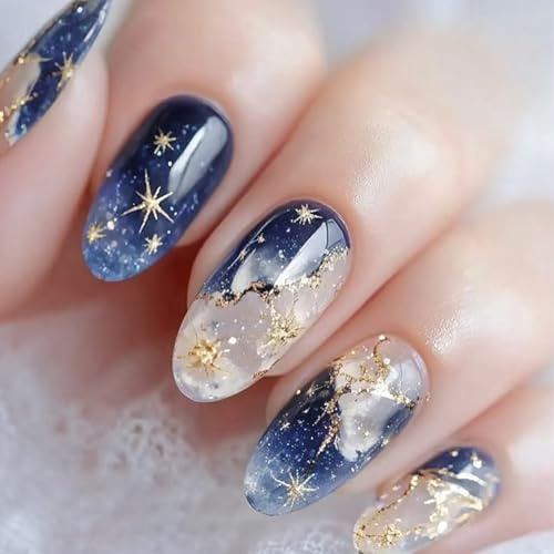 24-Piece Short Almond False Nails, Blue Celestial Marble, Glossy Finish | Translucent White And Clear Sections, Gold-Coloured Stars, Lines And Speckles, For Everyday Manicures And Occasion Outfits