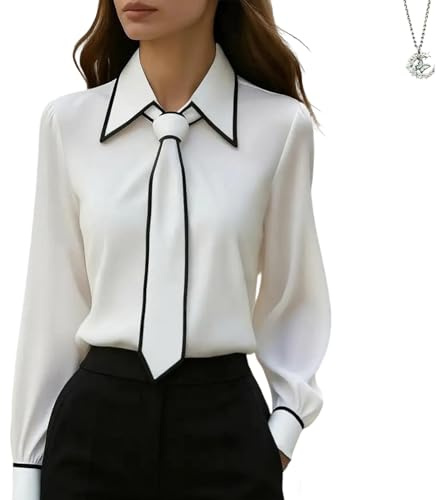 WXDTW Chemisier habillé en soie pour femme - Décontracté - Élégant - Col bénitier - Manches longues - En satin - Avec cravate