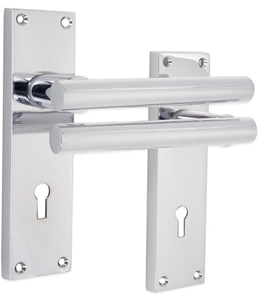 Infinity Decor Modern Style T-Bar Straight Lever Lock Door Handle on Rectangular Keyhole Backplate Pair in Polished Chrome - for Internal and External Use
