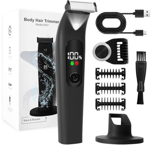 Tondeuse Corps Homme, Rasoir intime pour homme, Tondeuse Partie Intime Hommes étanche IPX7 Wet/Dry, Affichage LCD, pour Barbe, Cheveux et Corps, Polis du Nez