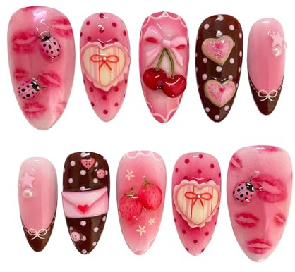 Tastetreasure 24Pcs Valentine's Day Press On Nails Almond Shape, Cute Pink Fake Nails with Lip Print Heart Bow & Ladybug Charms, Jelly Glue & File Included, Kawaii Full Cover Stick On Nails for