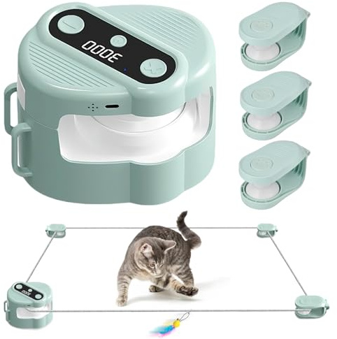 Interaktives Katzenspielzeug, Katzenlaufband Katzenspielzeug Elektrisch mit Fernbedienung, 4 Geschwindigkeit, 6 Federschwanz und Simulierte Vogelgeräusche, KatzenSpielzeug Selbstbeschäftigung