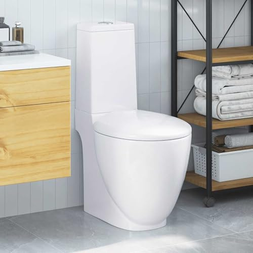 Gecheer WC Keramik-Toilette Badezimmer Rund Senkrechter Abgang Weiß, Stand-WC Komplettset Toiletten mit Spülkasten & SoftClose-Sitz Toilettensitz für Mietwohnung Büro Hotel3059888