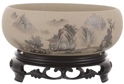 Happyyami Hydroponic Ceramic Planter Pot with Stand, Porcelain Lotus Flower Bowl for Bonsai and Indoor Decorative Planting