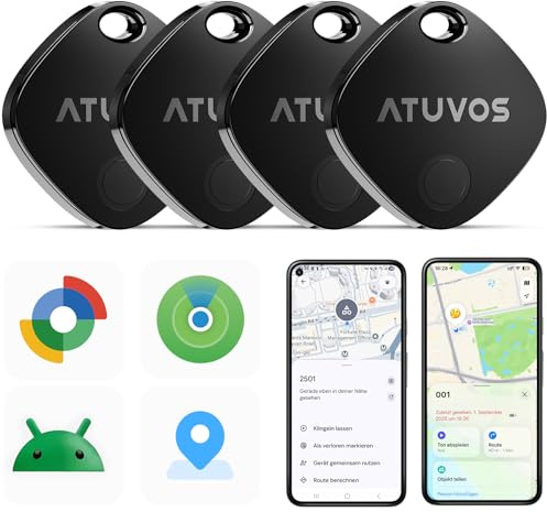 ATUVOS Air Tag Pro Smart Tags Tracker für Android & iOS, Neu Dual-System Schlüsselfinder kompatibel mit Google Mein Gerät finden or Apple Wo ist? App, Smarttag Key Finder für Gepäck, Koffer, 4er Pack.