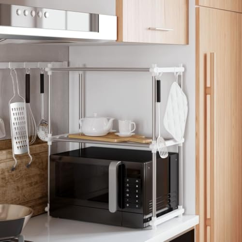 Kaloriko Estantería para microondas de aluminio, color blanco, 51 x 27 x 63 cm, con 2 estantes y ganchos extraíbles, organizador para utensilios de cocina, soporte para encimera, estufa y despensa