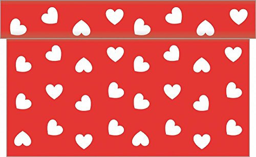 Sovie Home Airlaid Tischläufer Love, 40 cm x 4,80 m, 1 Stück, perforiert alle 30 cm, Design weiße Herzen auf rotem Hintergrund, Ideal für Valentinstag, Verlobung, Hochzeit