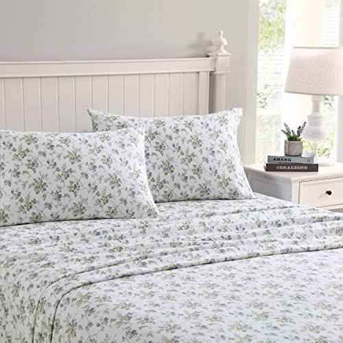 Laura Ashley Bettwäsche-Set für Queensize-Bett, Baumwoll-Flanell-Bettwäsche, gebürstet für zusätzliche Weichheit und Komfort (Le Fleur Cottage Blue, Queen)