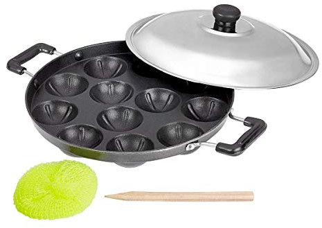 Tanish Trading Paniyaram Pan Patra Antihaft-Kochgeschirr, 12 Kugeln mit Deckel, Antihaftbeschichtung, Pfannkuchen-Backform, Appam-Maker-Set