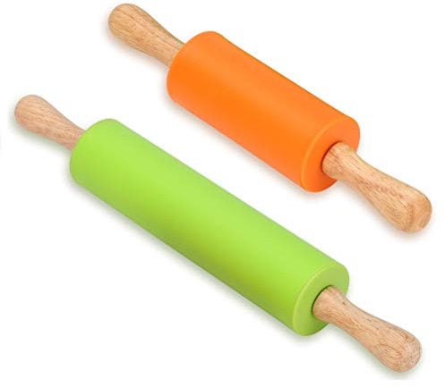 Alimat PluS Silicone Rolling Pin - Dough Roller for Pizza, Cookie with Wooden Handle & Nonstick Surface - 2 Pack Rolling Pins for Baking (Mini & Medium Size)