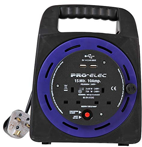 Pro Elec PEL00804 10A 2-Gang Handbag Reel mains Extension with 2x USB Charging Ports, 15 m