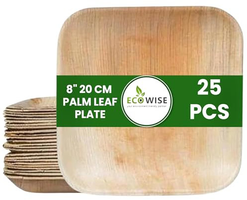 EcoWise 25 Palm Leaf Plates 8 Inch Square Eco-Friendly Biodegradable Compostable Bamboo Plates- Disposable Plates for Parties Picnic Perfect for Hot and Cold Food