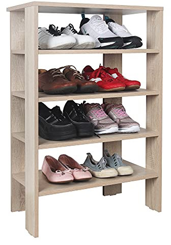 RICOO Schuhregal schmal und hoch 88x55x32cm Standregal Pressholz Eiche Sonoma Braun WM040-ES, Schuhständer mit 4 Ebenen, Schuhschrank offen, Schuhablagen Flur Rack, Schuhablage klein, Schuhregale
