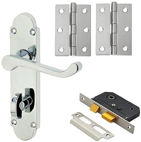 Haven Heritage Bathroom Door Handle Polished Chrome Epsom Style Victorian Scroll with Hinges and Bathroom Sash Lock x 1 Set