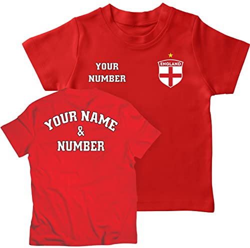 Kids Personalised Football Jersey England | Your Name and Number | English Flag Badge | Custom T-Shirt | Championship Fans (9-11 Years Red Multi Color)