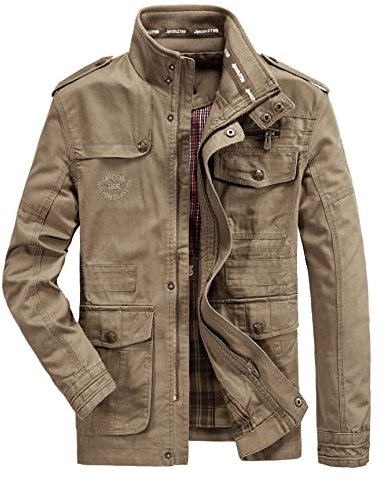 MERCIYD Veste demi-saison cargo pour homme, col montant, en coton, plusieurs poches, style militaire, adaptée à l’hiver, l'automne, décontractée, coupe-vent, marron, XS