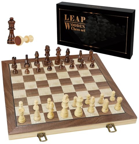 LEAP Magnetic Wooden Chess Set - 39cm Foldable Board, 7.62cm King Height, Travel Storage Slots with 2 Extra Pieces for Adults